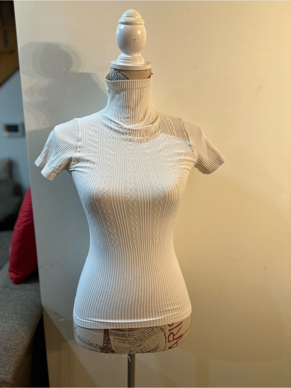 Scala Cream Short-Sleeve Ribbed Mock Neck Top
